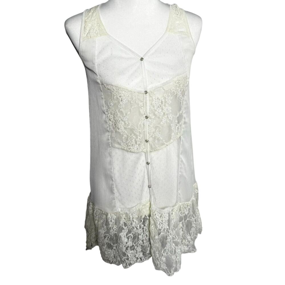ANTHROPOLOGIE MAUDE Women's Medium Ivory Floral Lace Pearl Snap Sheer Mini Dress